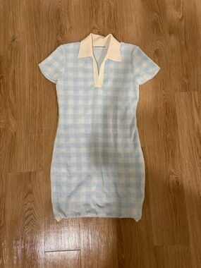 Alexander Wang Light Blue Gingham Knit Polo Dress with Cream Collar